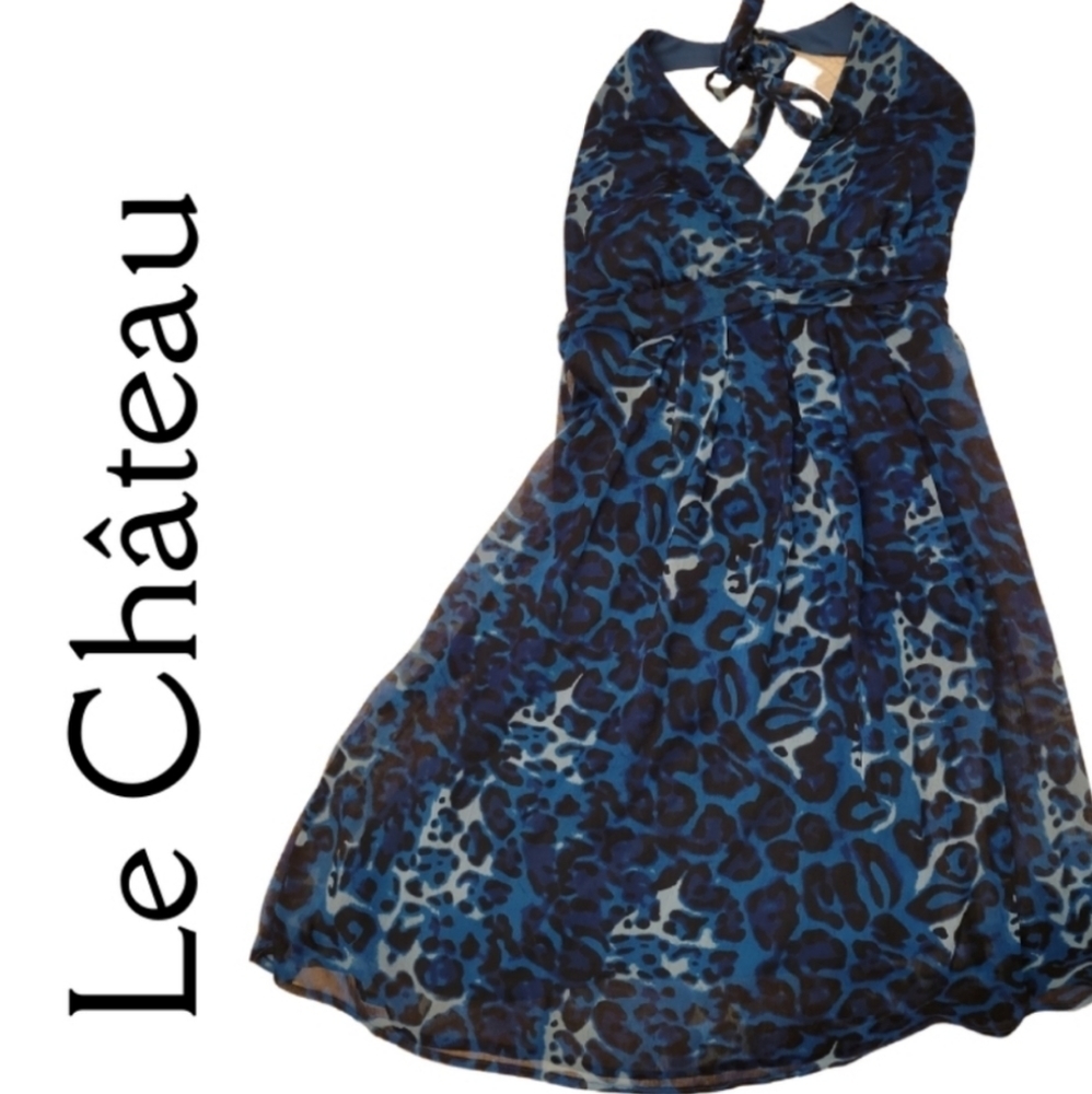 Le Chateau blue leopard print halter dress, lined, flowy and pretty. Medium